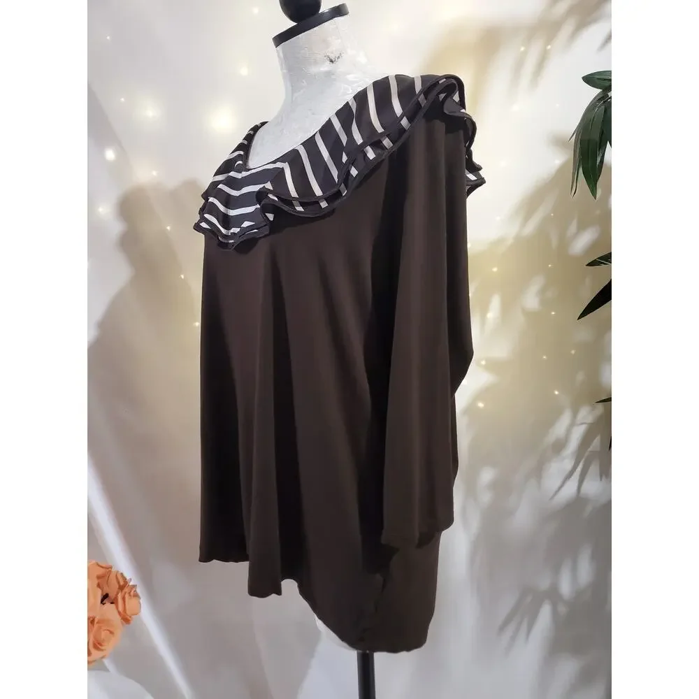 Lauren Ralph Lauren Stripe Satin Ruffle Neck 3/4 Sleeve Blouse Plus 2X Brown Top - Picture 2 of 9